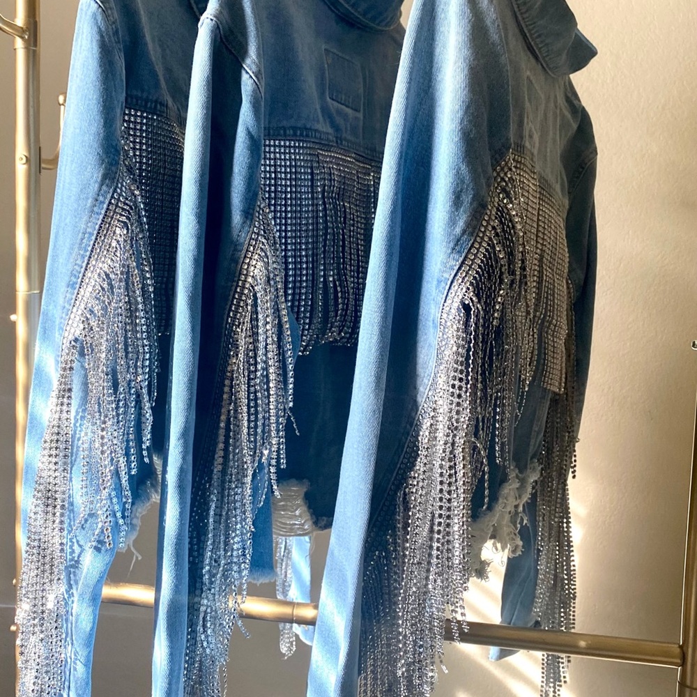Custom Rhinestone Denim Fringe Jacket - Picture 7 of 17